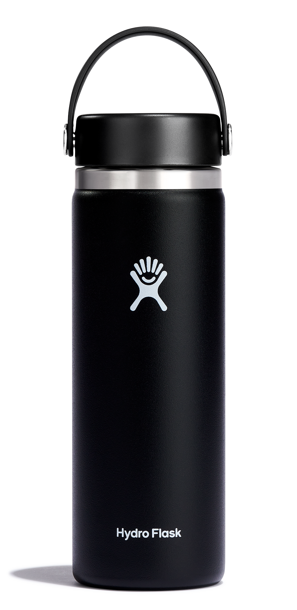 Hydro Flask wide mouth insulated water bottle in black with flex cap, ideal for keeping drinks hot or cold for hours.